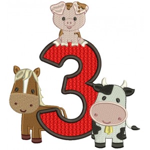 Farm Animals Bithday Number Three Filled Machine Embroidery Design Digitized Pattern